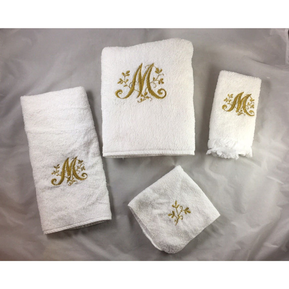 Martex Initial M Monogrammed 4-Piece White Bath Towel Set USA Made Vintage - Picture 1 of 3